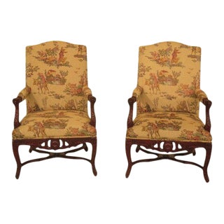 French Louis XIV Style Upholstered Open Arm Chairs - a Pair For Sale
