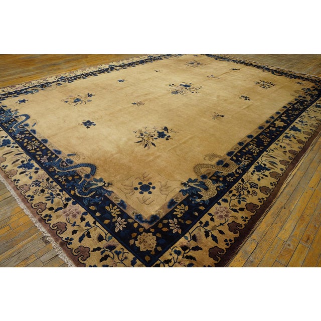 1920s Beige Open Field Antique Large Chinese Peking Dragon Floral Knotted Rug For Sale In New York - Image 6 of 9