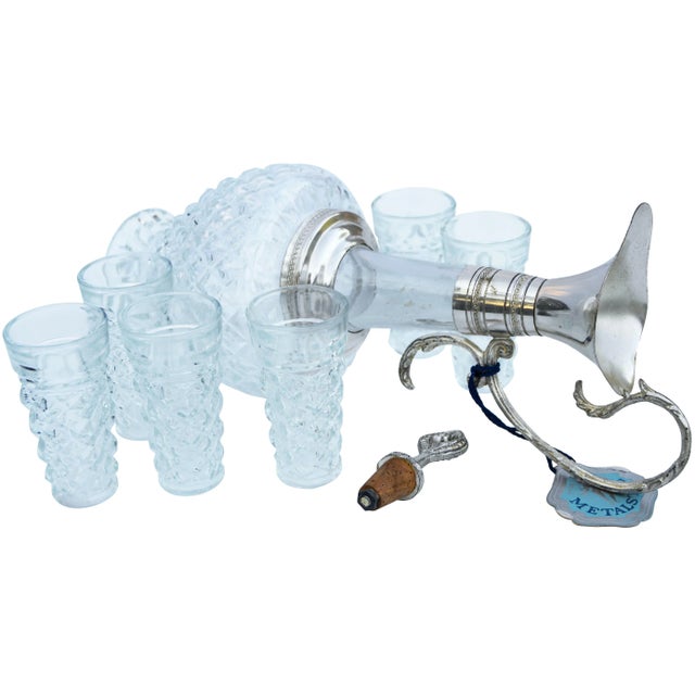 Rustic Vintage Crystal Decanter & Glasses, S/7 For Sale - Image 3 of 7