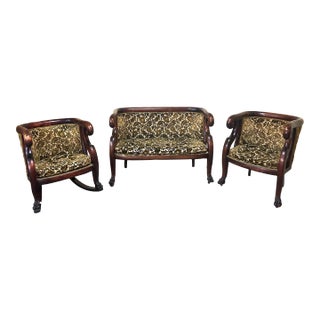 3 Piece Black Walnut Empire Revival Seating Furniture Set, American, Circa 1900, Comprising: Settee, Rocking Chair and Armchair For Sale