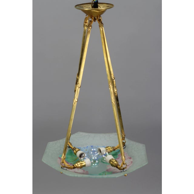 Art Deco Enameled Glass Four-Light Pendant Chandelier from Loys Lucha, 1930s For Sale - Image 11 of 18