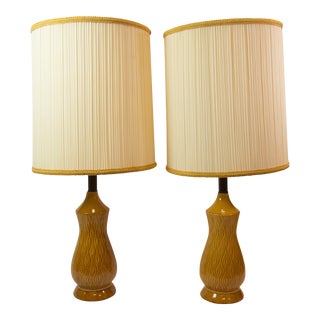 Mid-Century Modern Barrel Shade Ceramic Table Lamps- A Pair For Sale