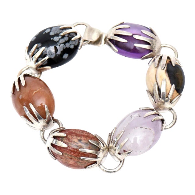 Vintage Hallmarked Sterling Silver, Amethyst and Agate Stone Hand Bracelet For Sale