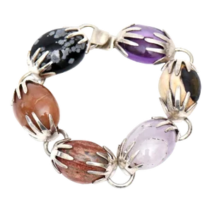 Vintage Hallmarked Sterling Silver, Amethyst and Agate Stone Hand Bracelet
