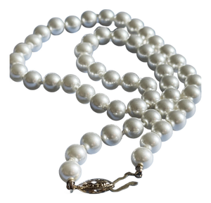 Vintage Mid Century Glass Faux Pearl Necklace With Filigree Fishhook Clasp