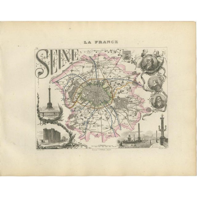 Antique Map of the Seine with Paris and Its Suburbs, 1860 For Sale - Image 3 of 12