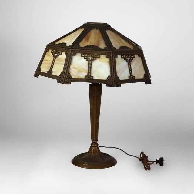 Bronze Antique Arts & Crafts Slag Glass Table Lamp C1910 For Sale - Image 8 of 8