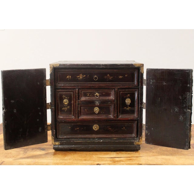 Antique Lacquered and Painted Traval Jewelry Cabinet, 1800s For Sale - Image 4 of 18