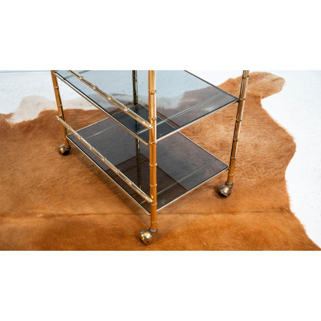Vintage Mid Century Brass & Smoked Glass Bar Cart, C. 1970s For Sale - Image 12 of 17