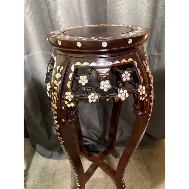 Late 20th Century Late 20th Century Chinese Rosewood Plant Stand With Mother-of-Pearl Floral Detail For Sale - Image 5 of 8