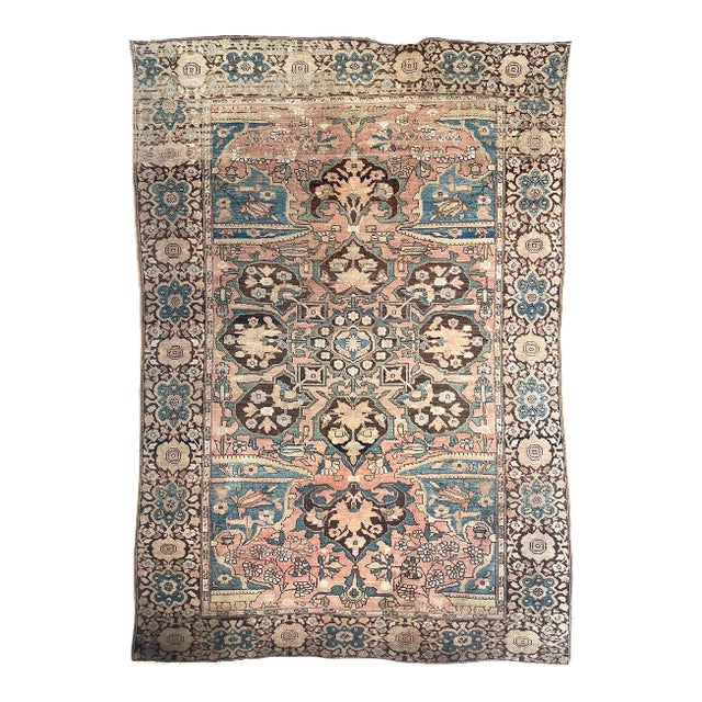 1920-30's Antique Ferahan Sarouk Island Sky Hues Blues, Corals & Espresso Rug 3.3 X 4.8 For Sale
