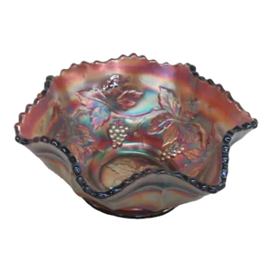 Fenton Amethyst Carnival Glass Ruffled Rim Grapes Berry Bowl Candy Dish