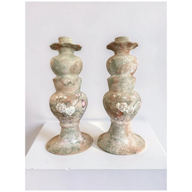 Monumental Vintage Terracotta Candlesticks Raised Rose Relief 15 Inch Pair For Sale - Image 9 of 15