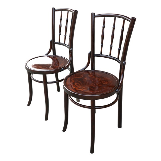 Bentwood Chairs with Marquetry Seats from Thonet, 1890s, Set of 2 For Sale