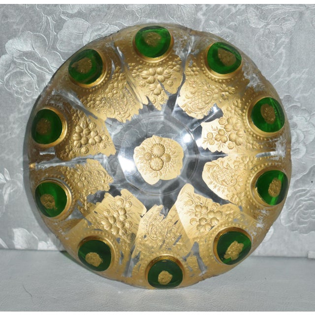 Vintage Pair of Bohemian Moser Style Dishes Etched Emerald & Gold Glass For Sale - Image 4 of 12