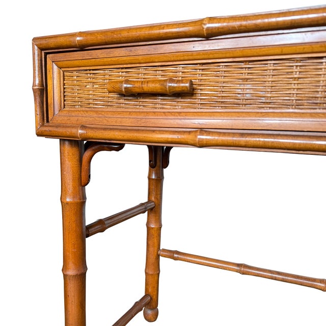 American of Martinsville Faux Bamboo & Cane Writing Desk Console Table MCM For Sale - Image 9 of 11