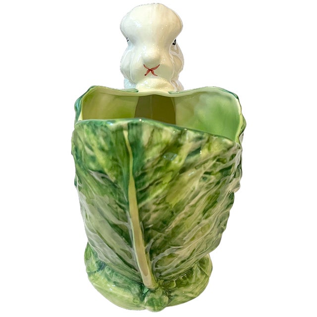 1950s Vintage Italian Majolica Rabbit & Cabbage Cachepot Planter – 9" For Sale - Image 5 of 11