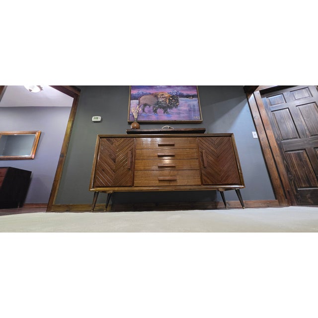 1960s Legacy Chevron Artisan Restored Walnut Credenza - 66" For Sale - Image 16 of 18