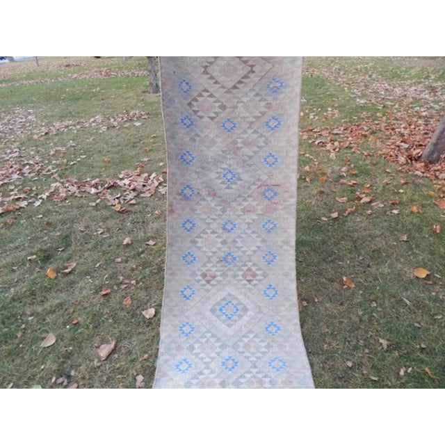 Oushak Turkish Runner With Repeating Diamond Geometric Design For Sale - Image 9 of 13