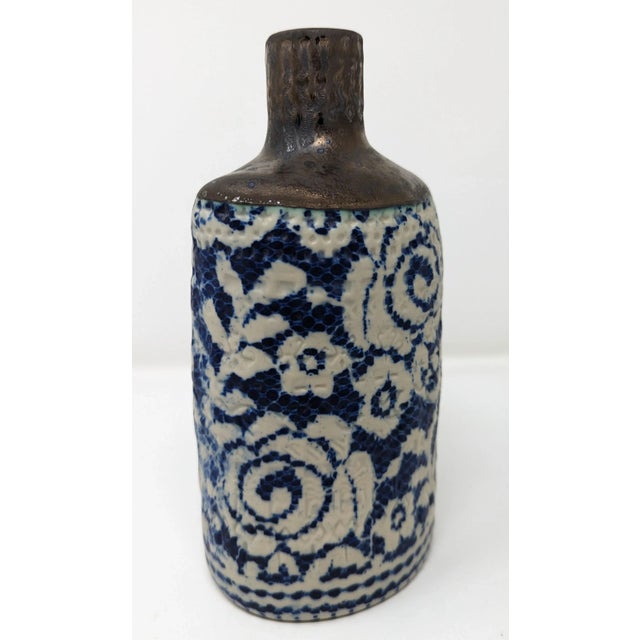 Ceramic Costal Blue, White, and Metalic Hand Painted and Handmade Ceramic Floral Vase Description For Sale - Image 7 of 7