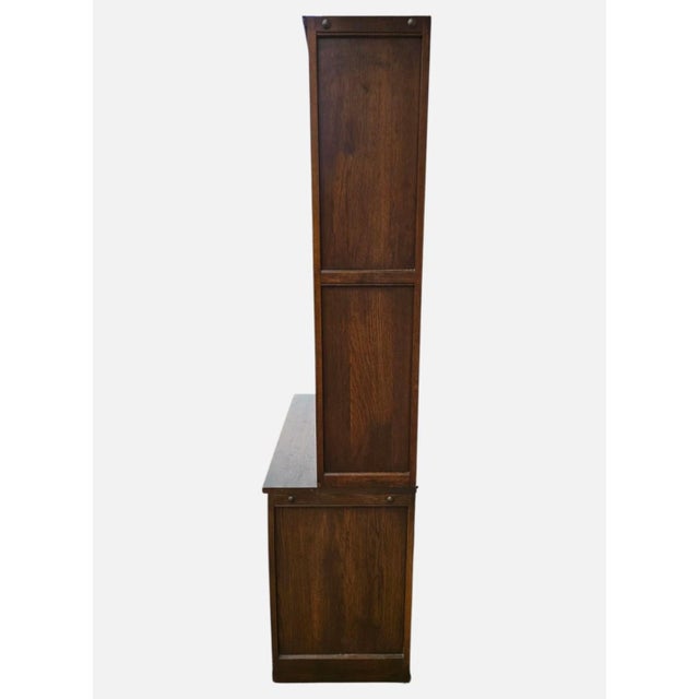 Vintage Oak Wood Bros Desk Cabinet Tudor Shelf Hutch Bookshelf Old Charm Leather For Sale - Image 9 of 18