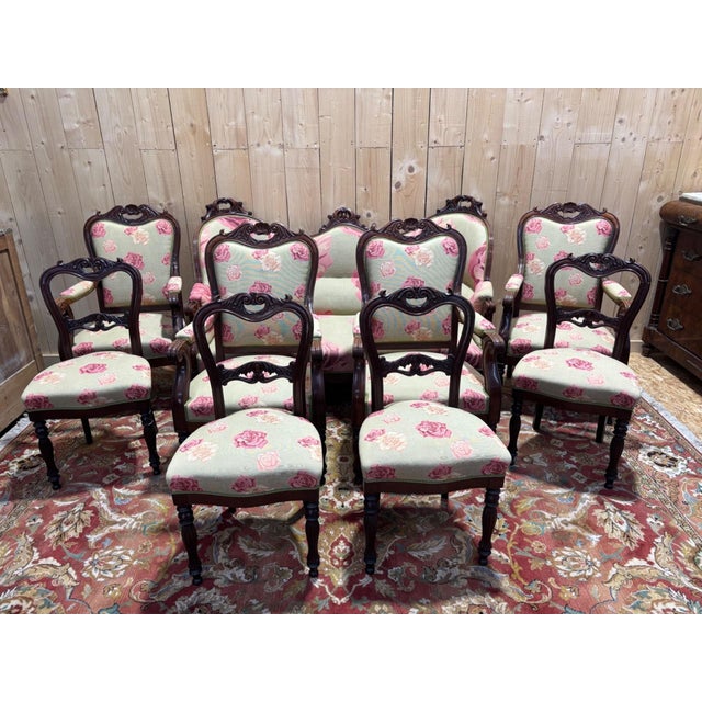Napoleon III 9-Piece Living Room Set in Mahogany with Rose Fabric For Sale - Image 10 of 11