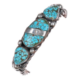 Late 20th Century 6.5" c1940's Navajo #8 Turquoise twisted silver wire cuff bracelet For Sale