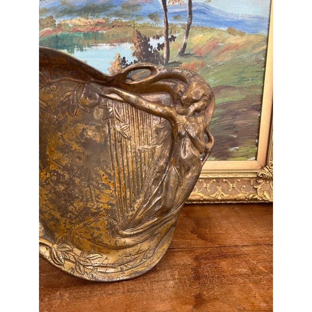 Metal 1970s Art Nouveau Shallow Possibly Brass Dish, Woman With Harp For Sale - Image 7 of 8