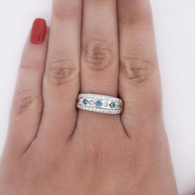 1.16 Carat Three Row White and Blue Diamond Channel Seting Band Ring Size 8.5 For Sale - Image 4 of 6