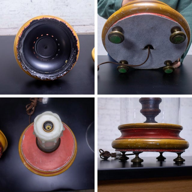 1960-1970’s Campaign Style Hurricane Lantern Table Lamp Orange & Yellow Painted Metal Frame & Brass Accents For Sale - Image 10 of 18