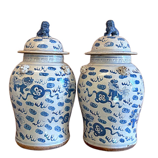 Blue Large Chinoiserie Temple Jars With Foo Dog Designs - A Pair For Sale - Image 8 of 8