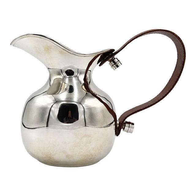 Vintage Hermès Paris Silverplate Pitcher Jug with Brown Leather Handle For Sale