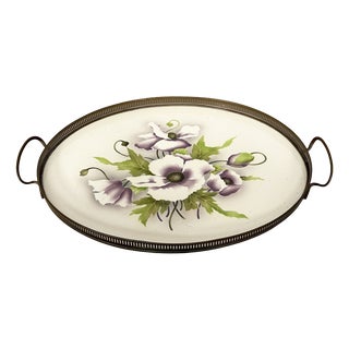 Italian Art Deco Tray with Flowers in Ceramic and Metal, 1920s For Sale