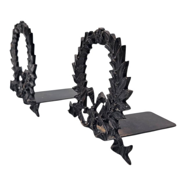 Brown Neoclassical Laurel Garland Cast Bronze Bookends, Empire Style, 9.5" For Sale - Image 8 of 17