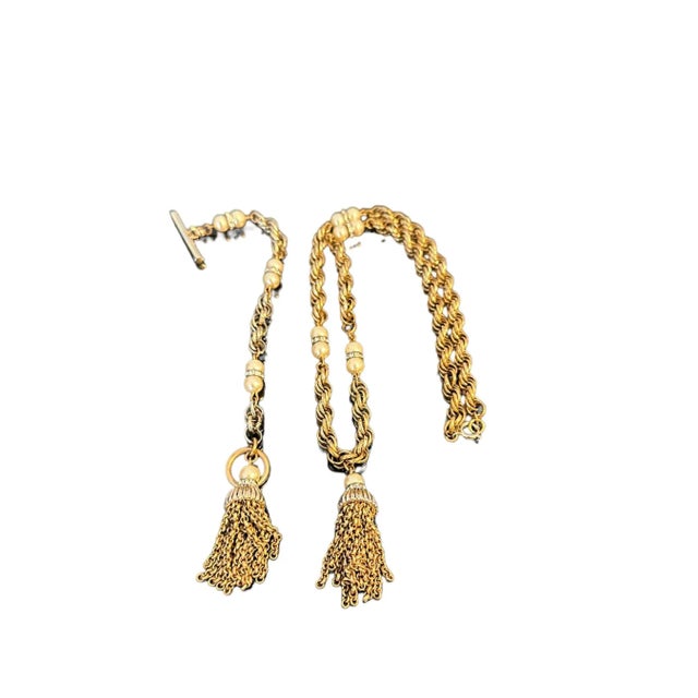 Trifari Mid 20th Century Trifari Chainlink Tassel Faux Pearl Rhinestone Necklace and Bracelet Set - 2 Pieces For Sale - Image 4 of 12