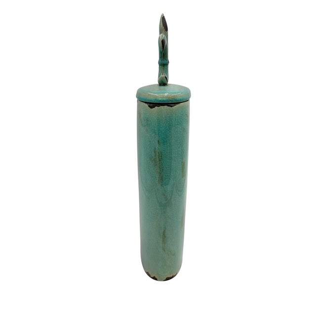 French Large Crackle Glaze Turquoise Fleur-De-Lis Lidded Jar For Sale - Image 3 of 7
