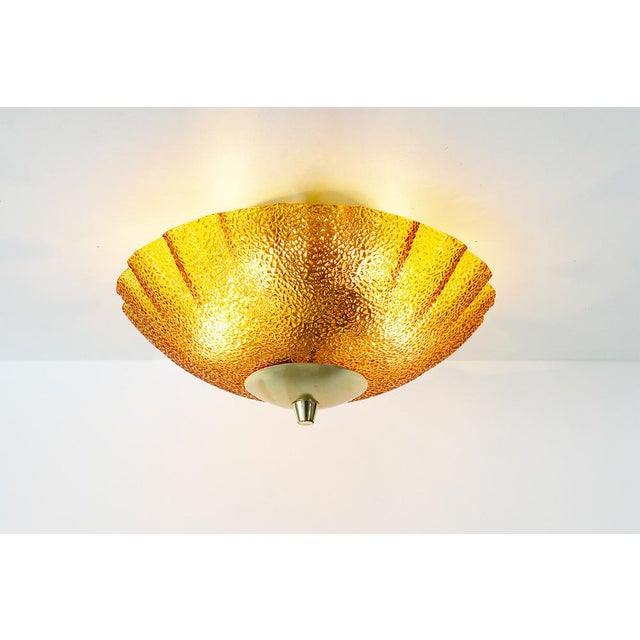 Vintage Brass and Amber Glass Ceiling Light or Flush Mount, Germany, 1970s For Sale - Image 3 of 8