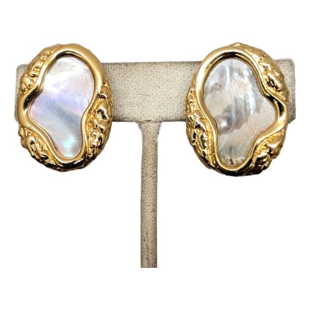 Vintage Signed Napier Modernist Goldtone Mother-of-Pearl Clip Earrings, 1982 For Sale