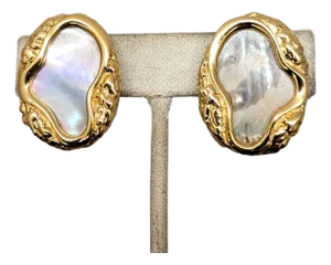 Vintage Signed Napier Modernist Goldtone Mother-of-Pearl Clip Earrings, 1982