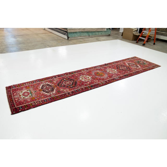 Persian Vintage Red Heriz Handmade Wool Runner Rug in Red With Allover Design For Sale - Image 3 of 8