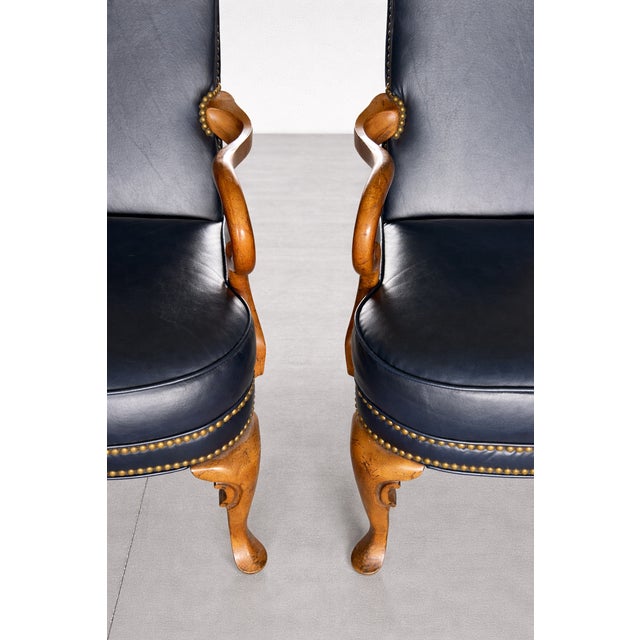 Queen Anne Pair of Vintage Sam Moore Traditional Armchairs in Leather-Like Vinyl With Nailhead Trim For Sale - Image 3 of 12