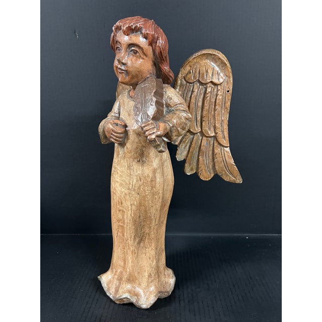 Vintage Hand Carved Wooden Standing Angel Paying Violin Instrument Sculpture For Sale - Image 4 of 10