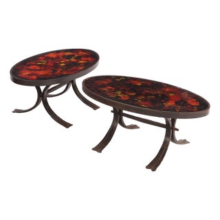 Pair of French Lava Stone and Wrought Iron Tables, C. 1970 For Sale