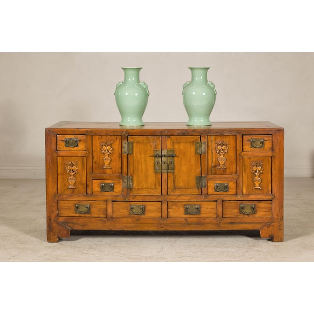 Early 20th Century Late Qing Dynasty Elm Sideboard with Carved Floral Vases, Doors and Drawers For Sale - Image 5 of 12
