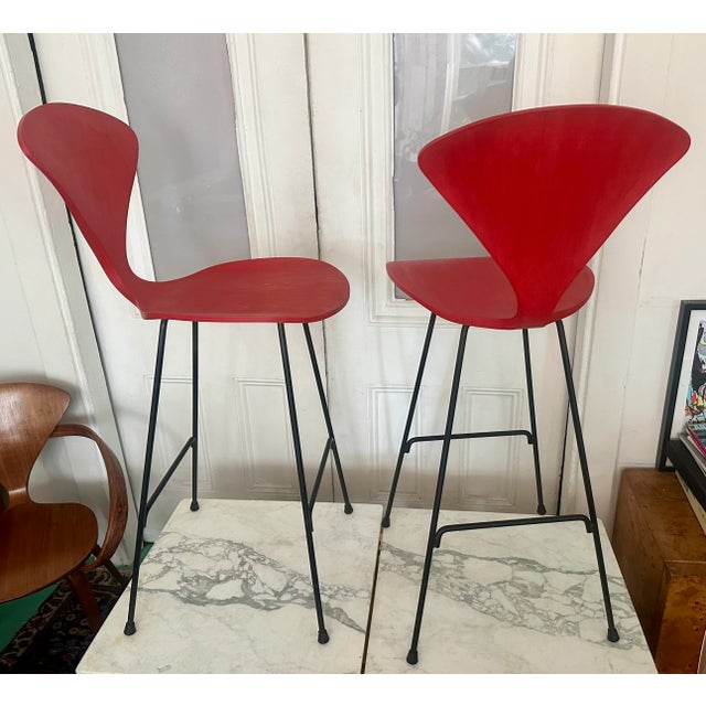 Mid-Century Modern Norman Cherner Bar Counter Stools Pair Plycraft Mid Century Modern 1960s Eames Knoll Era For Sale - Image 3 of 7