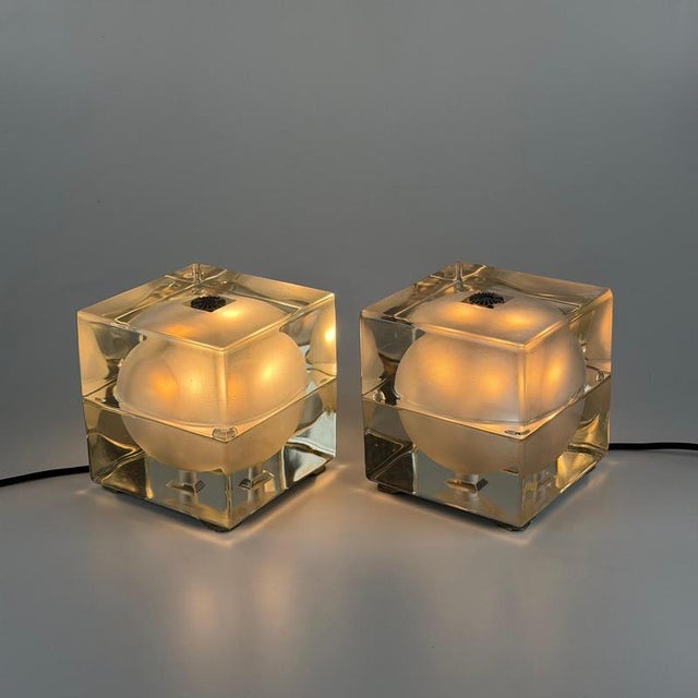 An exceptionally rare pair of “cubosfera” table lamps designed by alessandro mendini for fidenza vetraria, italy, in the...