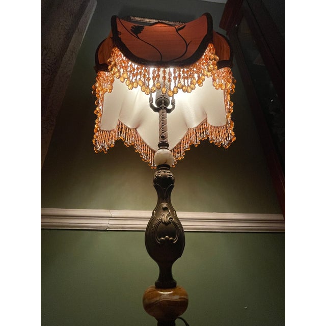 Vintage Victorian Revival Table Lamp Heavy Brass Stone Base Amber Fringe Shade For Sale In Philadelphia - Image 6 of 16