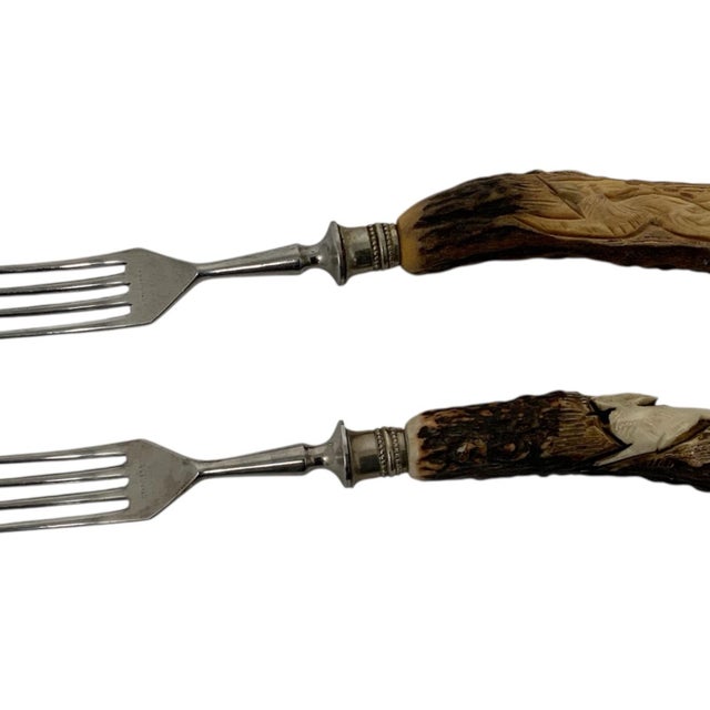 Vintage German Hand-Carved Stag Antler Hunting Dinner Forks - Set of 8 For Sale - Image 4 of 8