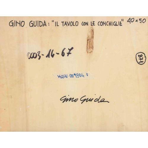 Oil on plywood realized by Gino Guida in 1980s. Hand signed lower right. Hand signed and titled on rear. Very good...