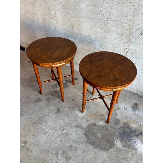 Hollywood Regency Vintage Hollywood Regency Side Tables by Henredon Burl & Faux Bamboo, a Pair For Sale - Image 3 of 9